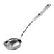 A silver ladle with a long handle.