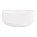 A white round stackable porcelain bowl with an 18 oz. capacity.