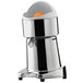 a silver juicer with an orange inside