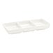 A white rectangular porcelain sauce dish with three compartments.
