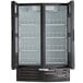 A black Beverage-Air refrigerated glass door merchandiser with shelves.