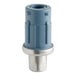 A blue plastic threaded connector with a stainless steel base.