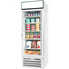 A Beverage-Air white glass door refrigerator filled with dairy products.