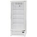 A white Beverage-Air market max refrigeration unit with glass doors and shelves.