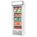 A white Beverage-Air glass door merchandiser with boxes of food inside.