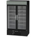 A black Beverage-Air glass door merchandiser with black interior.