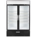 A black Beverage-Air glass door merchandiser with a stainless steel interior.