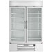 A Beverage-Air white glass door refrigerator with shelves.