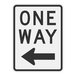 A white and black sign with black text that says "One Way" and has a black arrow pointing to the left.