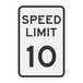 A black speed limit sign with white text reading "10 MPH" and a white diamond border.