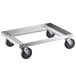 A metal frame with black wheels for Regency bun pans.