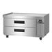 A stainless steel 49-inch two-drawer refrigerated chef base on casters.