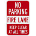 A red and white Lavex aluminum sign that says "No Parking / Fire Lane / Keep Clear At All Times"