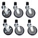 A set of six heavy duty zinc swivel stem casters with rubber wheels.