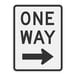 A white rectangular sign with a black right arrow and black text reading "One Way"