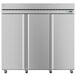 A silver Hoshizaki reach-in freezer with stainless steel doors.