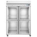 A white Hoshizaki reach-in freezer with half glass doors.