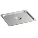 A Carlisle stainless steel steam table pan cover on a stainless steel tray.