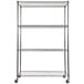 An Alera silver steel wire shelving unit with wheels.