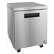 A stainless steel Hoshizaki undercounter freezer with a black handle.