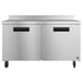 A large stainless steel Hoshizaki worktop freezer with two doors and locks with black handles.