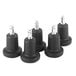 Four black plastic Master Caster B Stem High Profile Bell Glides with metal caps.