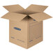 A Banker's Box large cardboard moving box with blue writing on it.