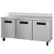 A stainless steel Hoshizaki worktop refrigerator with three black handles.