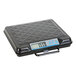 A Brecknell black electronic utility bench scale with a blue display.
