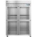 A stainless steel Hoshizaki reach-in refrigerator with half glass doors.