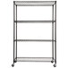 An Alera black steel wire shelving unit with wheels.