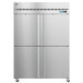 A silver Hoshizaki reach-in freezer with two half solid doors.