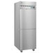 a silver refrigerator with two doors
