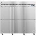A silver Hoshizaki reach-in freezer with stainless steel half solid doors.