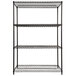 A black steel wire shelving unit with four shelves.