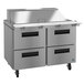 A stainless steel commercial refrigerated sandwich prep table with drawers.