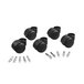 A set of four black plastic Master Caster wheels with metal screws.