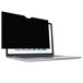 A laptop with a black screen and a Fellowes black privacy filter on the screen.
