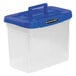 a clear plastic container with a blue lid