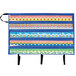 A blue fabric bag with colorful border designs.