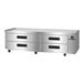 An 85-inch stainless steel refrigerated chef base with four drawers and caster wheels.