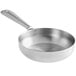 A close-up of a silver Vollrath stainless steel pan with a handle.