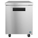A silver rectangular Hoshizaki undercounter refrigerator with a black handle.