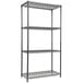 A black wire steel shelving unit with four shelves.