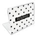 A Universal plastic table tent sign holder with a black and white polka dot insert.