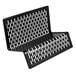 A black metal business card holder with a punched metal pattern.
