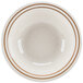 A white bowl with brown lines on it.