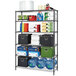 A black Alera steel wire shelving unit with various boxes and containers on the shelves.