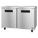 A stainless steel Hoshizaki undercounter freezer with two doors.