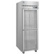 A stainless steel Hoshizaki reach-in refrigerator with half glass doors.